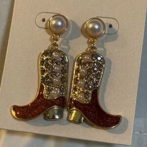 Cowgirl boot western dangle earrings sparkle pearl gold